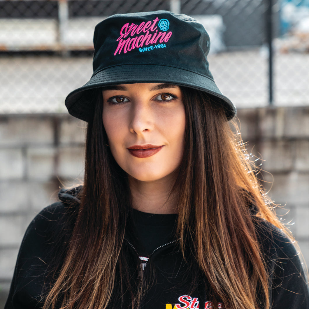 Unisex Street Machine Bucket hat, black with pink and blue thread